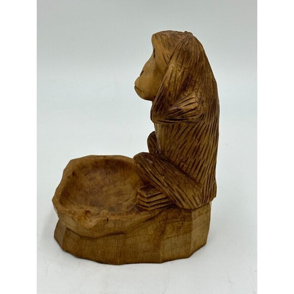 Vtg Wooden Hand Carved Monkey Ashtray Hear No Evil Sitting Statue Cigar Wood HTF - Picture 2 of 8